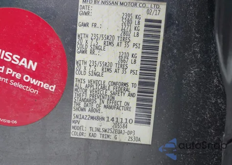 2017 Nissan Murano Platinum z USA, uszkodzony, nr VIN 5N1AZ2MH8HN141110